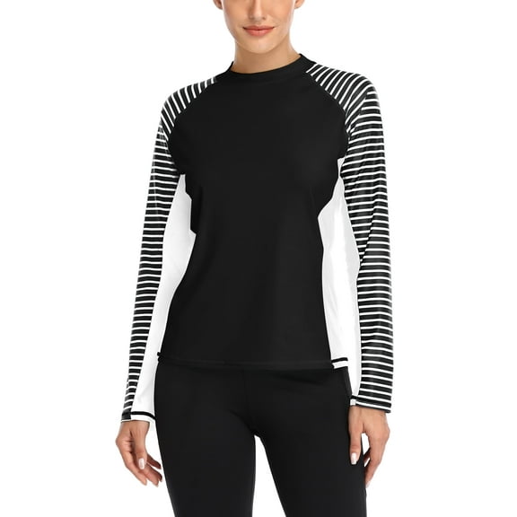Women's Striped Rash Guard Long Sleeve Color Block Swim Shirt UPF 50+ Swimsuit Tops