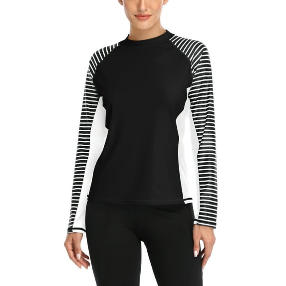 Women's Striped Rash Guard Long Sleeve Color Block Swim Shirt UPF 50+ Swimsuit Tops