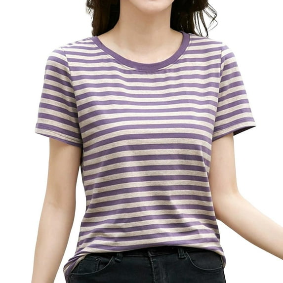 Women's Striped Retro Korean Style Loose Round Neck Short Sleeve T Shirt, 82% Polyester+12% Rayon+6% Spandex, Color Contrast, S XXXXL Sizes