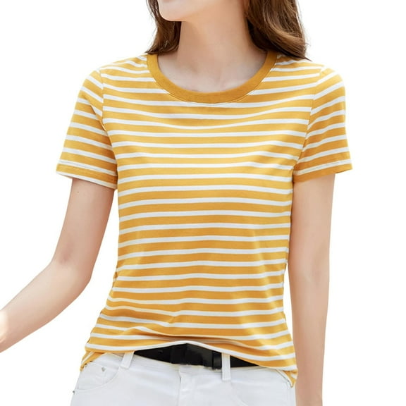 Women's Striped Retro Korean Style Loose Round Neck Short Sleeve T Shirt, 82% Polyester+12% Rayon+6% Spandex, Color Contrast, S XXXXL Sizes