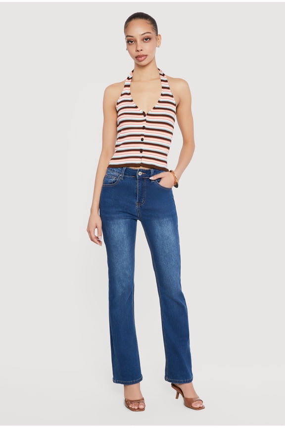Women's Striped Rib Knit Button Front Halter Top