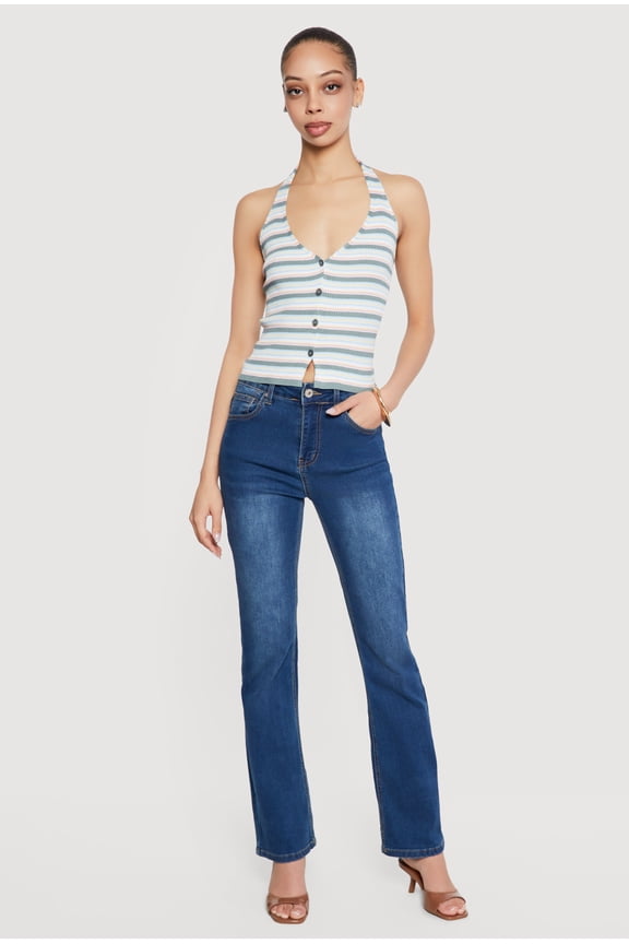 Women's Striped Rib Knit Button Front Halter Top