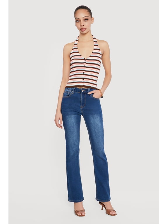 Women's Striped Rib Knit Button Front Halter Top