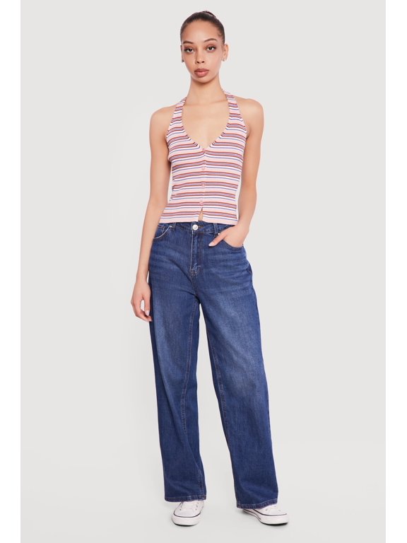 Women's Striped Rib Knit Button Front Halter Top
