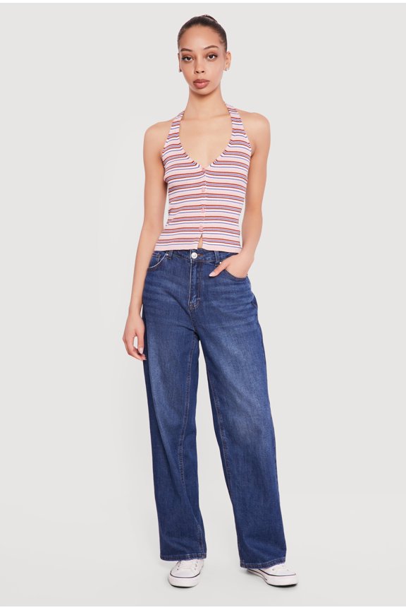 Women's Striped Rib Knit Button Front Halter Top