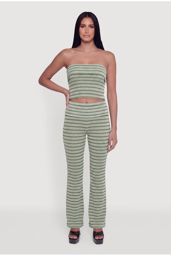 Women's Striped Rib Knit Fold Over Pants