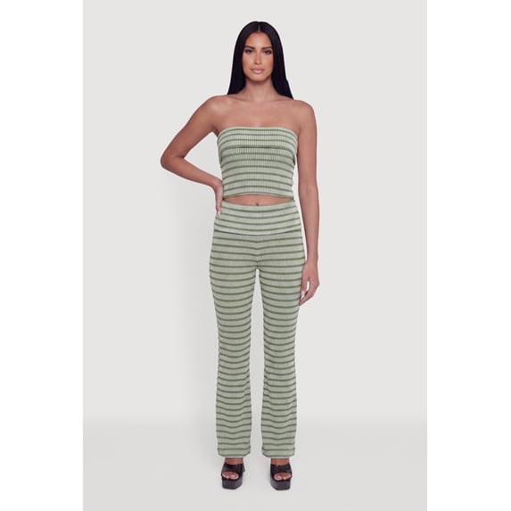 Women's Striped Rib Knit Fold Over Pants