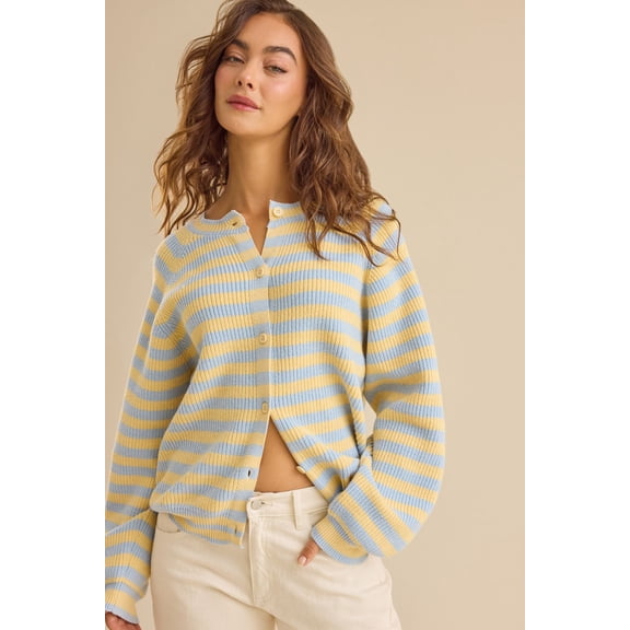 Women's Striped Ribbed Knit Button Front Cardigan with Long Sleeves, Sizes S-XL