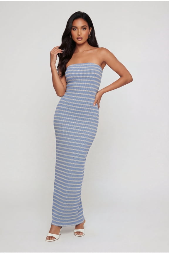 Women's Striped Ribbed Knit Strapless Maxi Dress with Back Slit