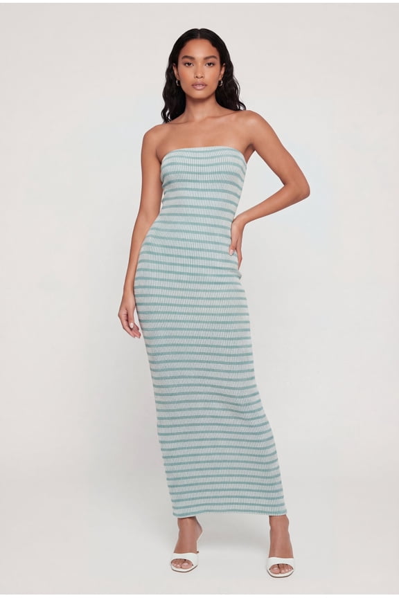 Women's Striped Ribbed Knit Strapless Maxi Dress with Back Slit