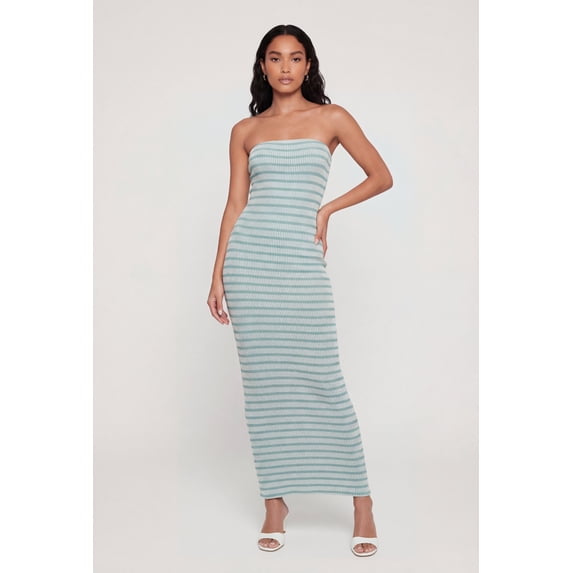 Women's Striped Ribbed Knit Strapless Maxi Dress with Back Slit