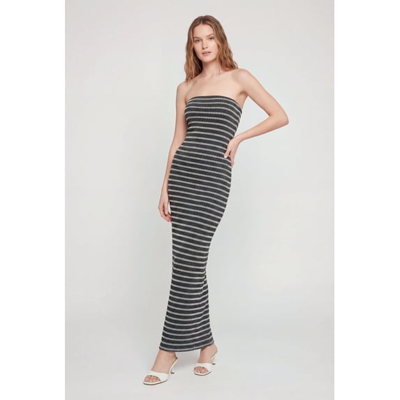 Women's Striped Ribbed Knit Strapless Maxi Dress with Back Slit