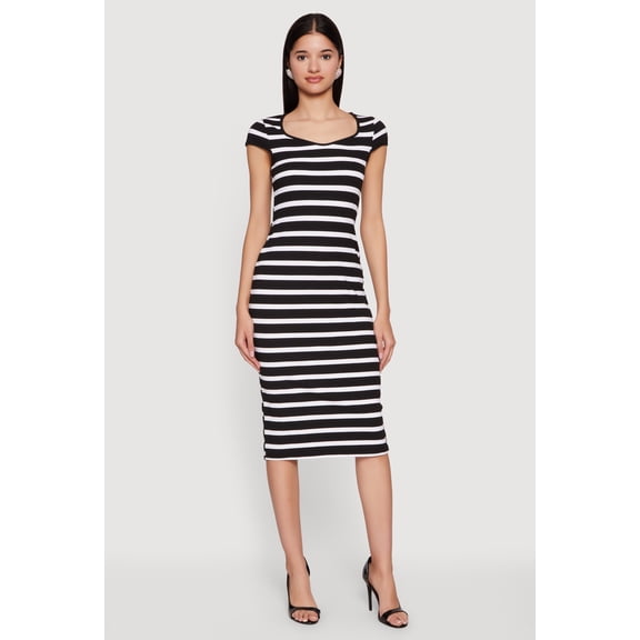 Women's Striped Rip Knit Cap Sleeve V-Neck Midi Dress