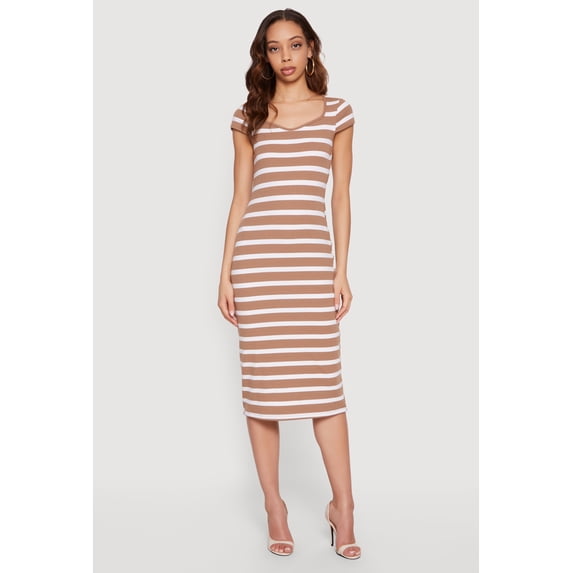 Women's Striped Rip Knit Cap Sleeve V-Neck Midi Dress