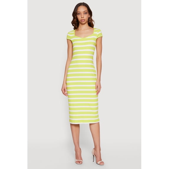 Women's Striped Rip Knit Cap Sleeve V-Neck Midi Dress