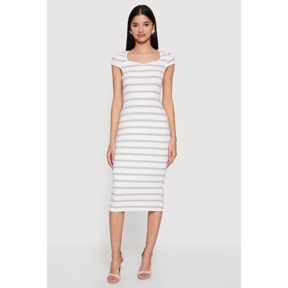 Women's Striped Rip Knit Cap Sleeve V-Neck Midi Dress