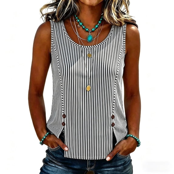 Women's Striped Round Neck Tank Tops With Side Button Slit Loose Fit Casual Pullover Tops For Daily Travel And Work
