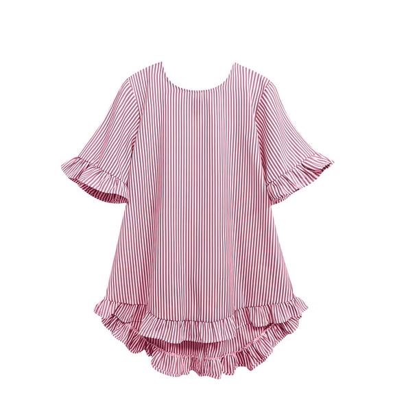 Women's Striped Ruffled Loose Top Round Neck Pullover Shirt Fashion Back Button Short Sleeve T-Shirt,Red,S