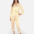 thumbnail image 1 of Women's Striped Satin Pajama Set with Long Sleeve Button Top and Cropped Pants - Large, Yellow, 1 of 7