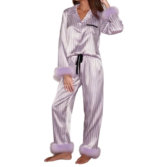 Women's Striped Satin Pajamas Sets Long Sleeve Button Up Shirt Pants 2Pcs Fur Trim Bride Sleepwear