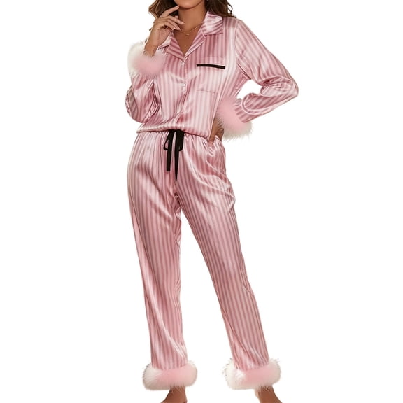 Women's Striped Satin Pajamas Sets Long Sleeve Button Up Shirt Pants 2Pcs Fur Trim Bride Sleepwear