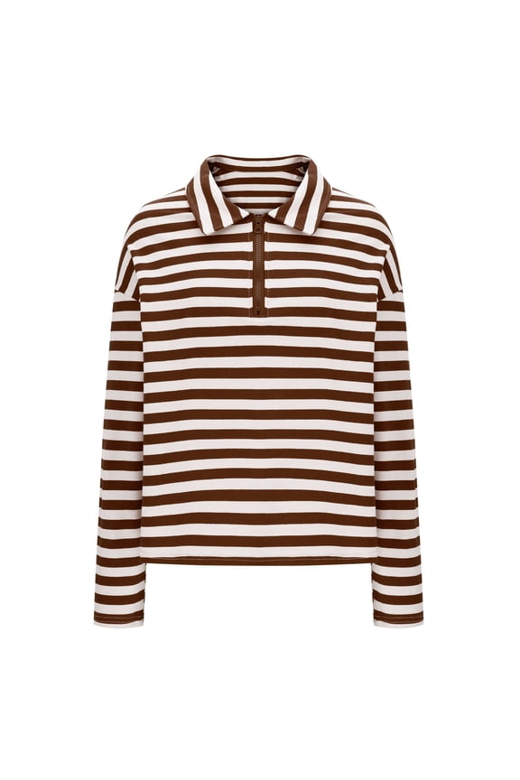 Women's Striped Shirt Long Sleeve Blouse Zipper Front Turn Down Collar Casual Top Office Wear Comfortable