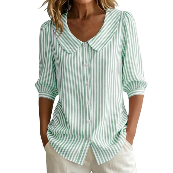 Women's Striped Shirt with Pan Collar, 3/4 Puff Sleeve Button Down Casual Blouse