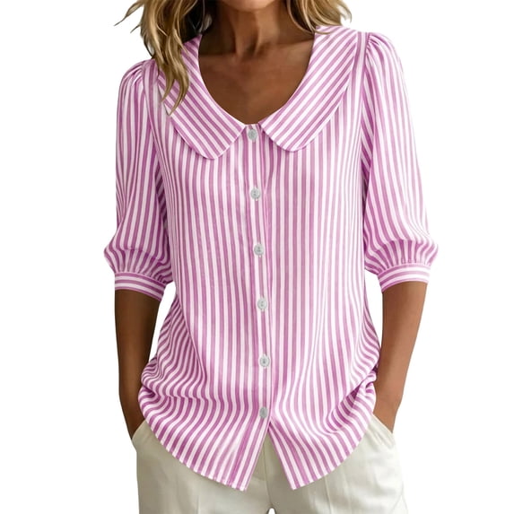 Women's Striped Shirt with Pan Collar, 3/4 Puff Sleeve Button Down Casual Blouse