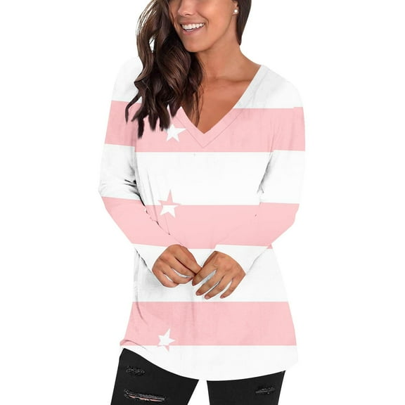 Women's Striped Shirts Casual V Neck Long Sleeve Tee Shirts Fashion Star Graphic Lightweight Pullover Going Out Basic Tops (L, Pink)