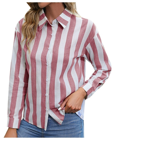 Women's Striped Shirts Long Sleeve Lapel V Neck Button Up Tunic Tops Trendy Casual Blouses with Pockets Fall Shirts