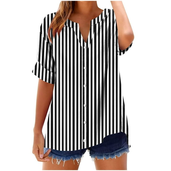 Women's Striped Shirts Summer Fashion V Neck Short Sleeve Blouses Casual Comfort Loose Fit Tops Beach Tees