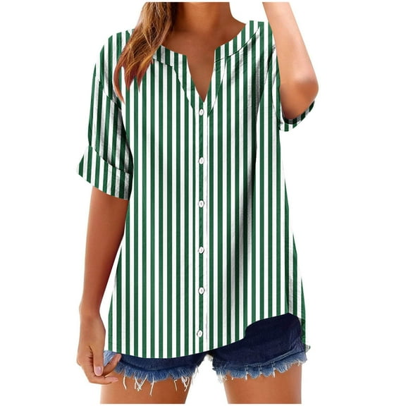 Women's Striped Shirts Summer Fashion V Neck Short Sleeve Blouses Casual Comfort Loose Fit Tops Beach Tees
