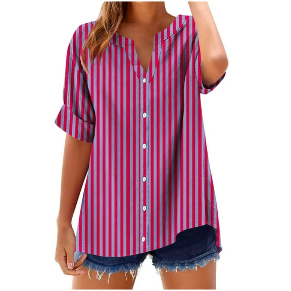 Women's Striped Shirts Summer Fashion V Neck Short Sleeve Blouses Casual Comfort Loose Fit Tops Beach Tees