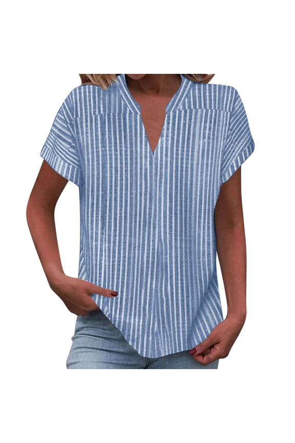 Women's Striped Short Sleeve Blouses Summer Fashion Notch V-Neck Shirts Loose Fit Versatile Daily Wear Clothes Blue