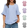 thumbnail image 1 of Women's Striped Short Sleeve Button Back Shirt Tops Blouses Tunics Crewneck Ruffled Hem Casual Loose Fit Soft for Work Office Vacation Travel Fashion Essential | CSEONE,Purple L, 1 of 9