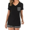 thumbnail image 1 of Women's Striped Short Sleeve Shorts Pajamas Two-piece Suit V-neck Simple Tracksuit, 1 of 4
