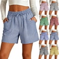 thumbnail image 1 of Women's Striped Shorts with Pocket Drawstring Shorts Elastic Waist Casual Linen Cotton Loose Fit Summer Shorts Daily & Vacation Wear Athletic Workout Shorts, 1 of 9