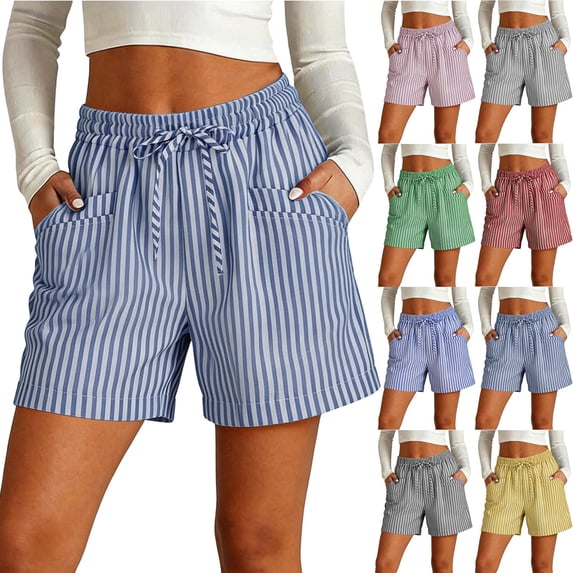 Women's Striped Shorts with Pocket Drawstring Shorts Elastic Waist Casual Linen Cotton Loose Fit Summer Shorts Daily & Vacation Wear Athletic Workout Shorts
