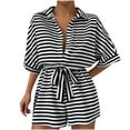 thumbnail image 1 of Women's Striped Shorts Romper Button Front Half Sleeve Lapel Romper Tie Waist Jumpsuit Summer Casual Wide Leg Shorts, 1 of 3