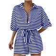 thumbnail image 1 of Women's Striped Shorts Romper Button Front Half Sleeve Lapel Romper Tie Waist Jumpsuit Summer Casual Wide Leg Shorts, 1 of 3