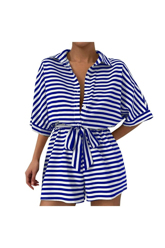 Women's Striped Shorts Romper Button Front Half Sleeve Lapel Romper Tie Waist Jumpsuit Summer Casual Wide Leg Shorts