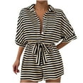 thumbnail image 1 of Women's Striped Shorts Romper Button Front Half Sleeve Lapel Romper Tie Waist Jumpsuit Summer Casual Wide Leg Shorts, 1 of 1