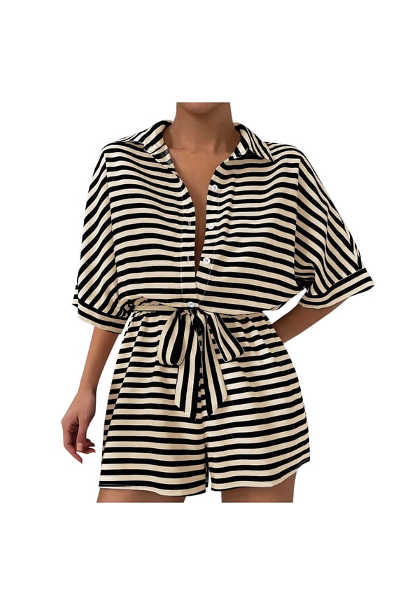 Women's Striped Shorts Romper Button Front Half Sleeve Lapel Romper Tie Waist Jumpsuit Summer Casual Wide Leg Shorts