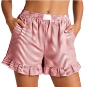 Womens Striped Shorts with Ruffle Hem, Casual Elastic High Waist Pinstripe Shorts, Comfy A-Line Shorts with Pockets, Cute Frill Hem Sleep Shorts for Women