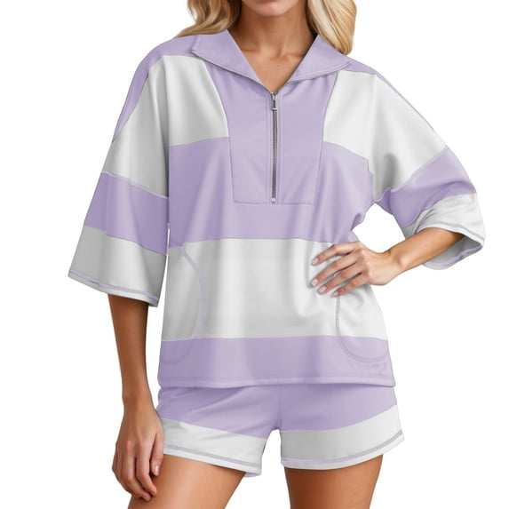 Women's Striped Shorts Suit V Neck Oversized Shirt and Shorts Casual Summer Activewear 2 Piece Set Purple XXL