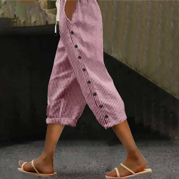 Women's Striped Side Button Casual Pants Straight Leg Elastic Waist Comfortable Three Quarter Capris with Cuffed Hem Wine S-2XL