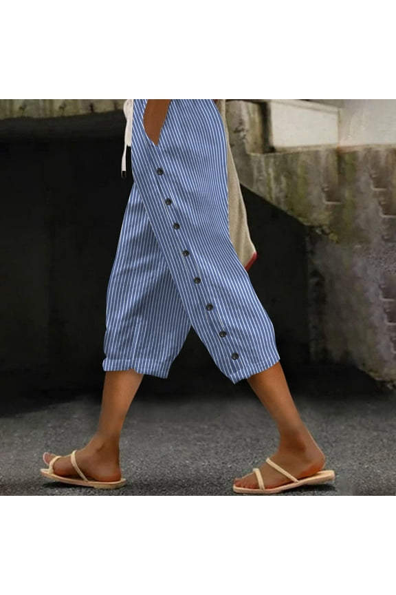 Women's Striped Side Button Casual Pants Straight Leg Elastic Waist Comfortable Three Quarter Length Capris with Cuff Blue S-2XL