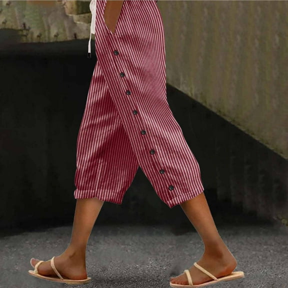 Women's Striped Side Button Casual Pants Straight Leg Elastic Waist Comfortable Three Quarter Length Capris with Cuff Red S-2XL