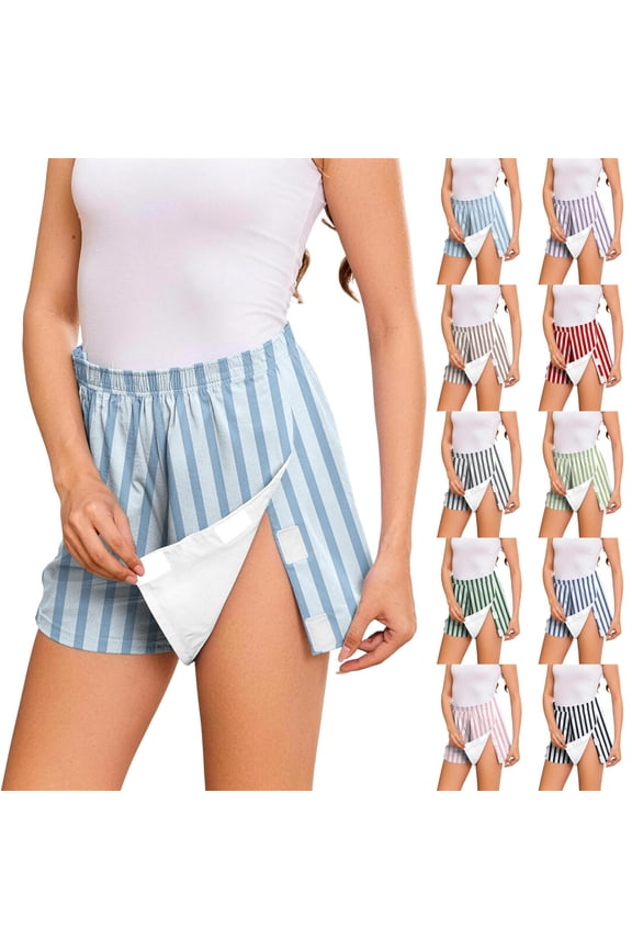 Women’s Striped Side Opening Shorts with Hook and Loop Fasteners for Post Surgery Recovery and Easy Access No Pocket Design