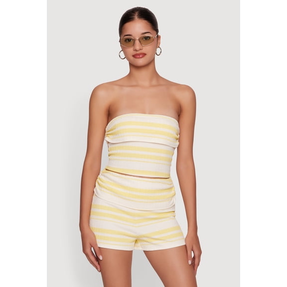 Women's Striped Side Ruched Fold Over Crop Tube Top